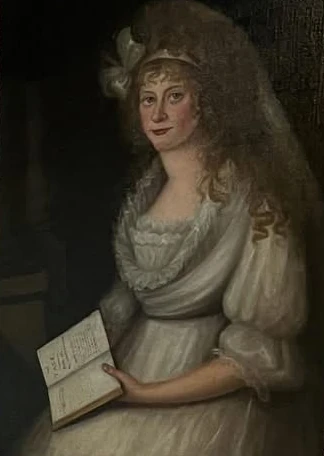 Painted portrait of Mrs King holding a poetry book