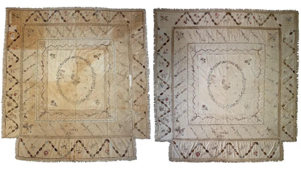 Before and after conservation cleaning images of William Cowper's historic quilt.